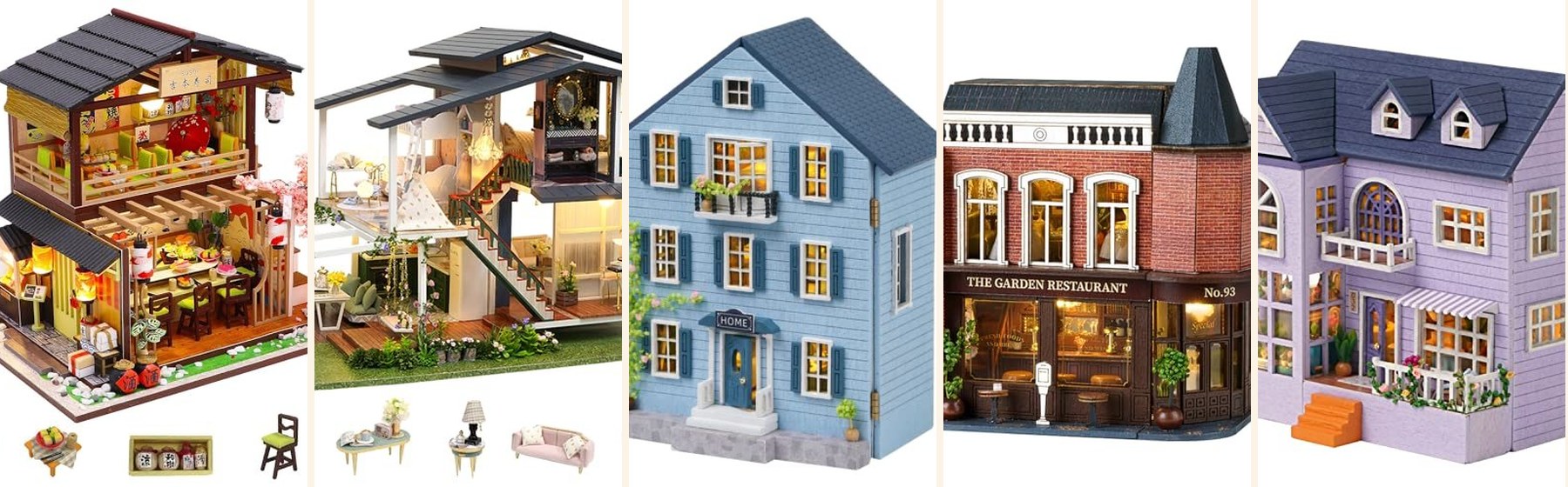 Flever dollhouse kits — Whole buildings, outside walls included.